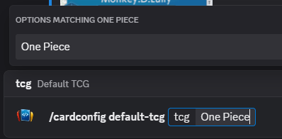 Discord bot command showing One Piece set as the default TCG