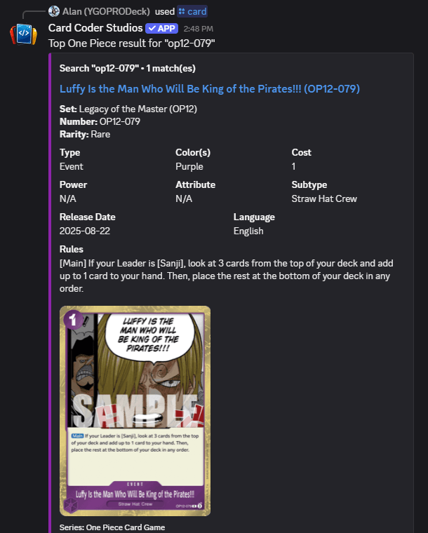 Discord bot direct One Piece card ID search result