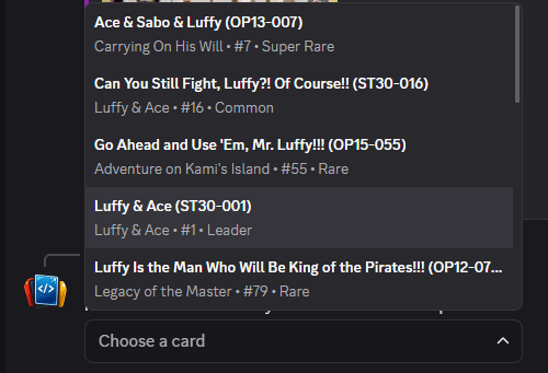 Discord bot fuzzy One Piece card name search with selectable results